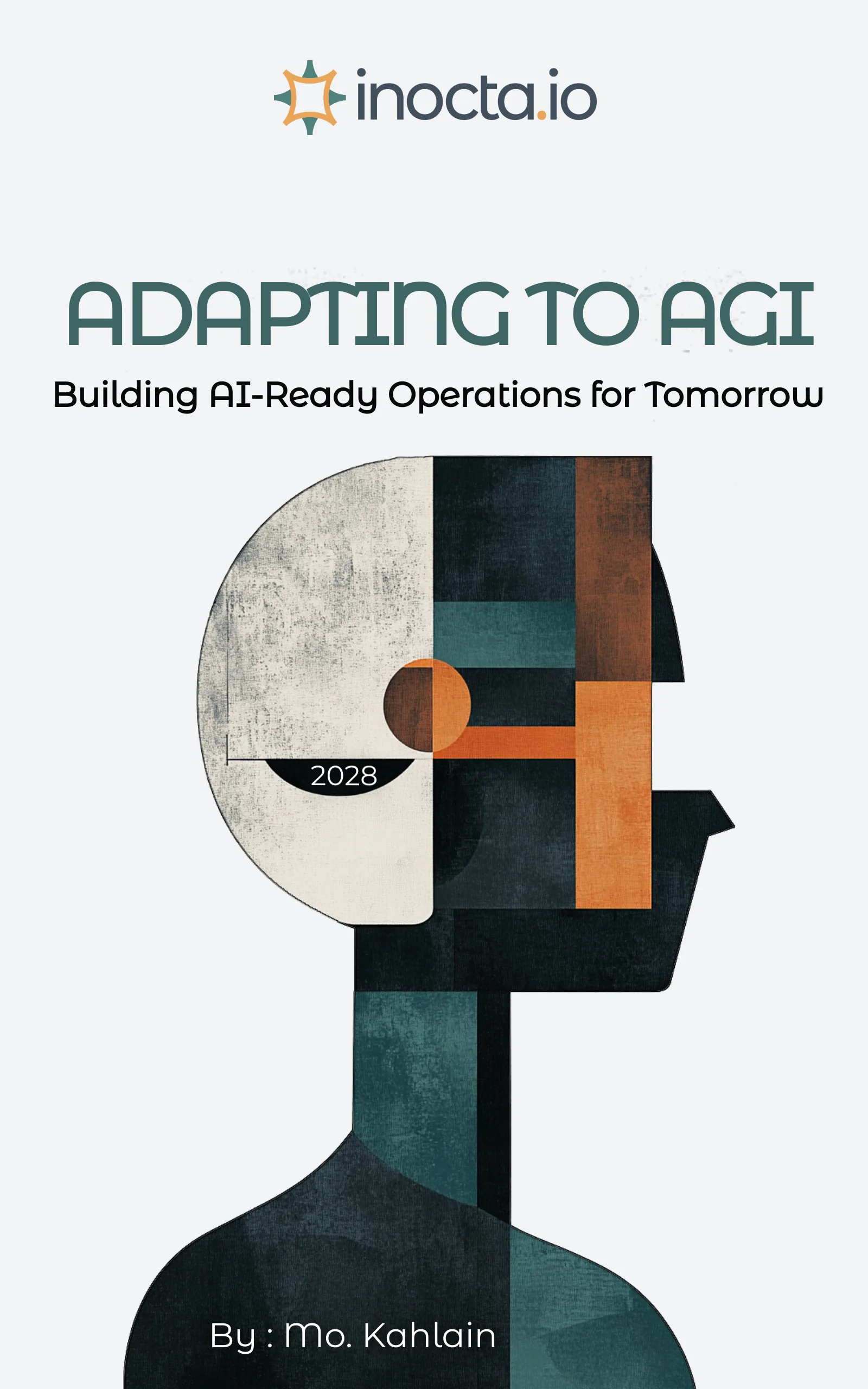 Book cover art for Adapting to AGI: a cubist portrait of a head in profile, split into geometric planes in cream, terracotta and teal
