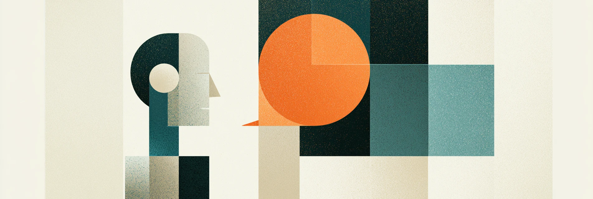 A geometric profile head in charcoal and sand facing an orange speech bubble across stacked colour blocks.