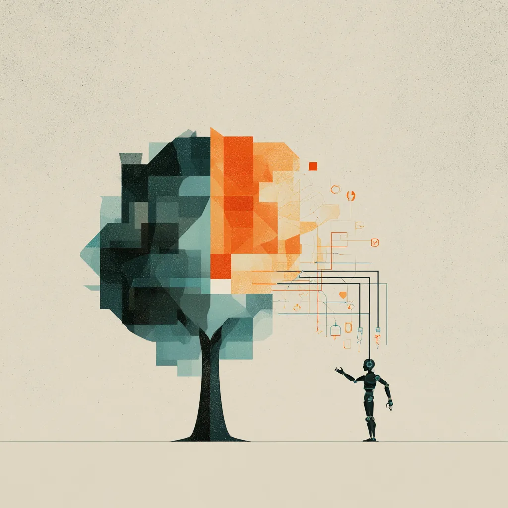 A stylised tree with a canopy of overlapping teal and terracotta blocks, a small robot figure at right reaching toward thin lines running out of the branches