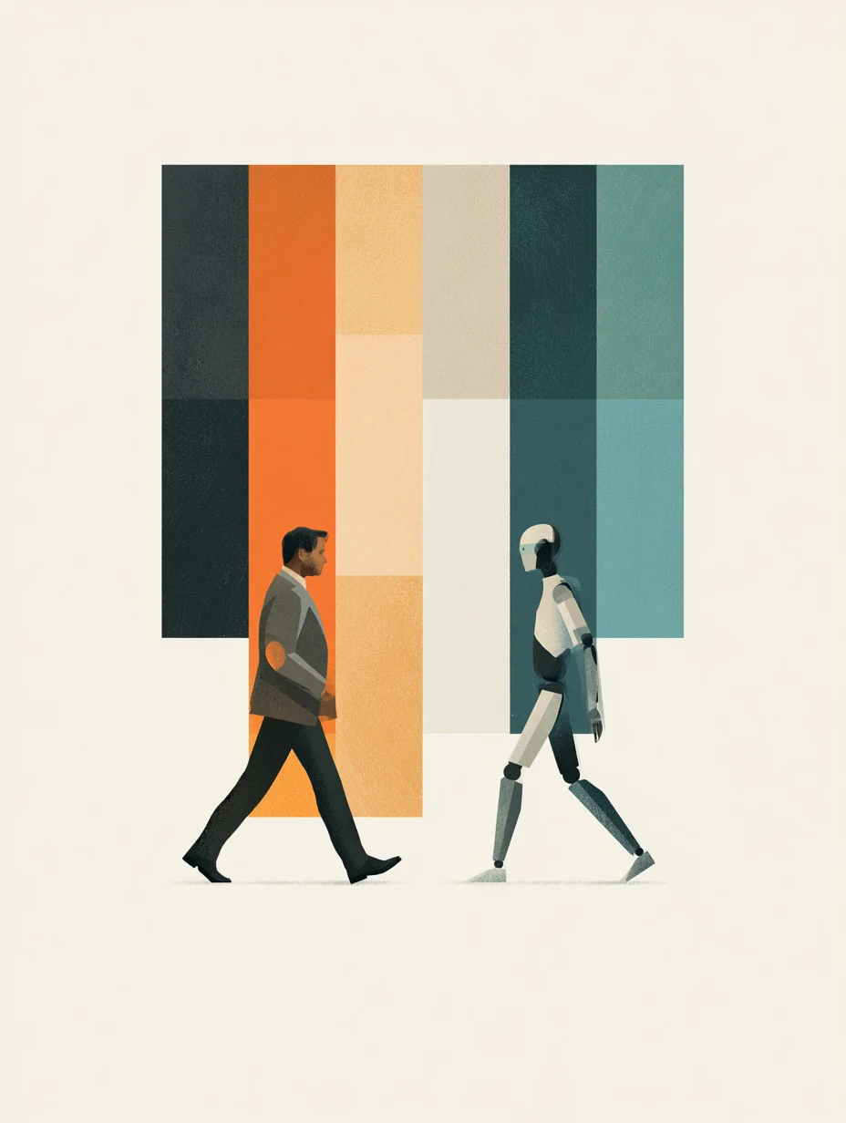 A man and a humanoid robot walking toward each other in front of tall colour planes