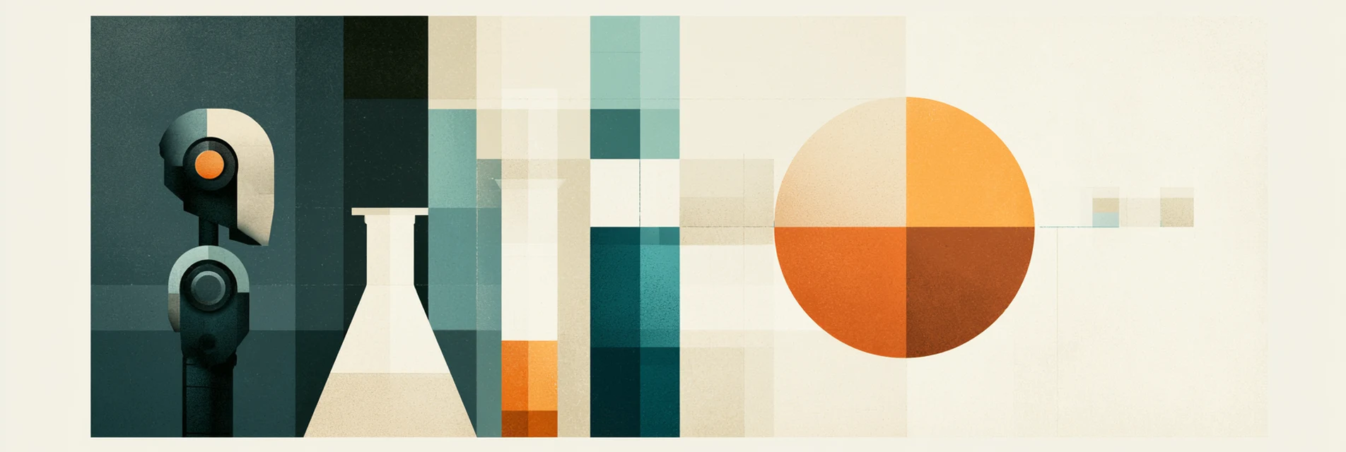 A robot beside a conical flask among overlapping geometric planes, with a quartered orange sun to the right.