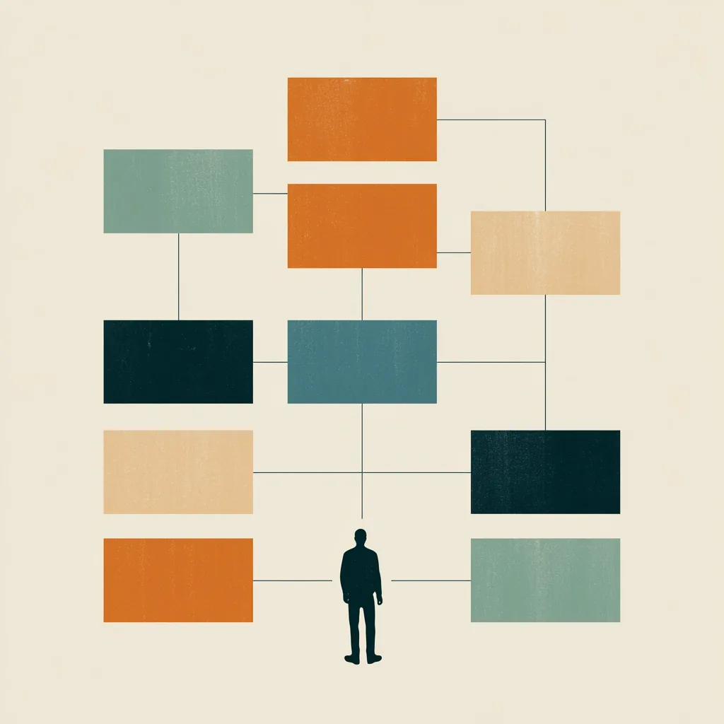 An operator seen from behind at the foot of a connected process map, ten blocks in sage, terracotta, sand, teal and charcoal joined by thin lines