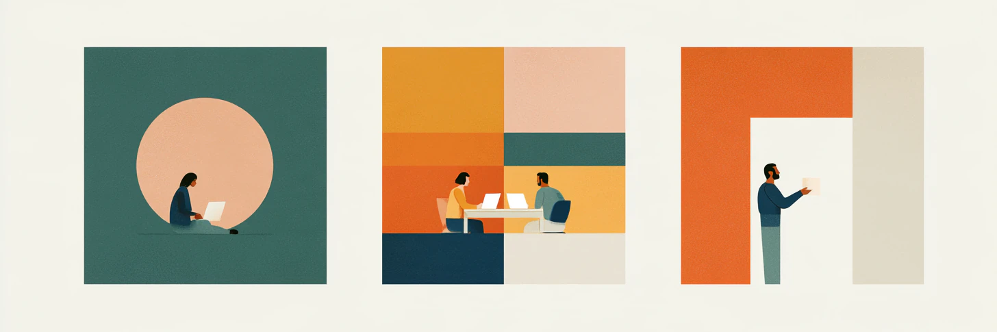 Three connected spaces in an office: one person learning AI alone, a team working together, then one person handing finished work to a client through a doorway.