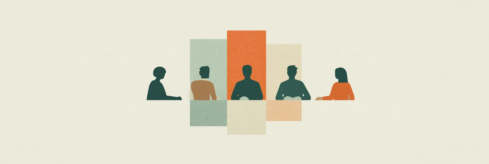 Cinq personnes en silhouette sont assises le long d’une même table, devant de hauts panneaux plats vert sauge, orange et sable, sur fond blanc cassé.