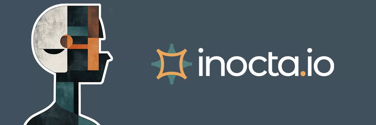 A profile of a head built from flat blocks of white, teal, dark green and orange, next to the inocta.io logo on a slate background.