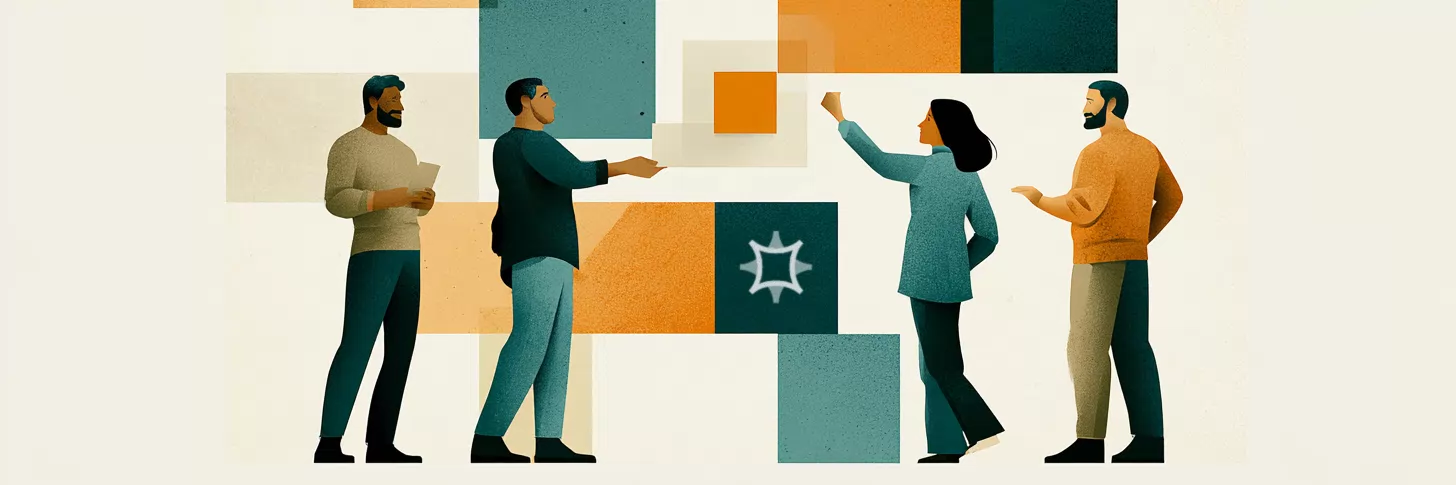 Four people work at a wall of coloured blocks, one marked with the inocta star. One holds out a panel, one reaches up to place a small orange square, and the other two talk it through.