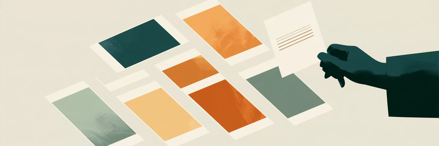 A dark green hand holds a written card above a loose row of colour slides in teal, sage, sand and orange, on an off-white ground.