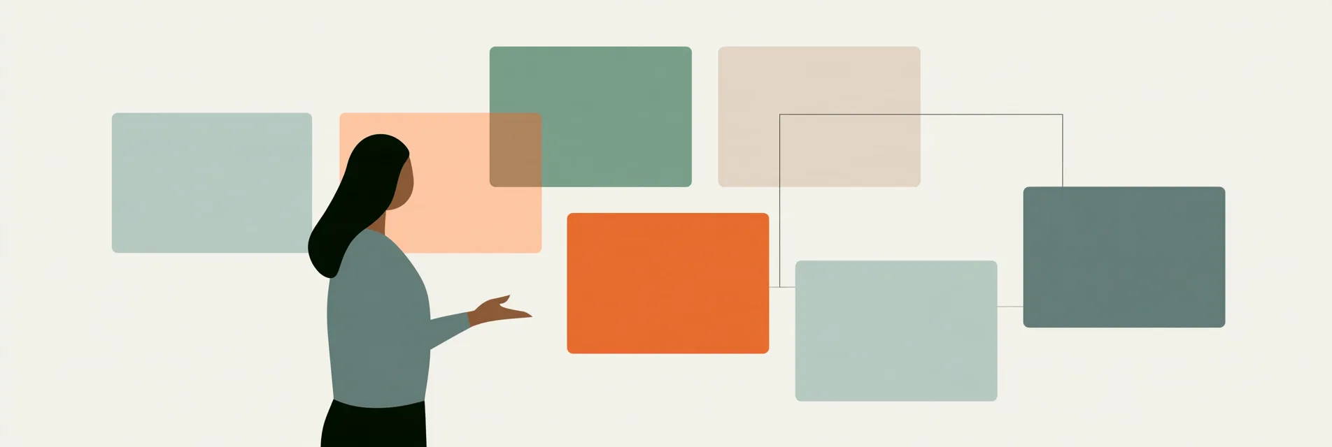 A woman gestures toward scattered rounded task boxes in sage, orange and sand, some linked by thin lines, on an off-white ground.