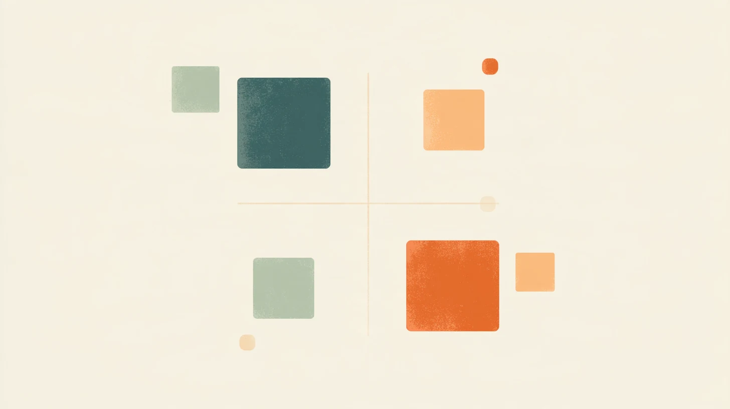 Two thin lines split the field into four quadrants, with square blocks in teal, sage, peach and orange.