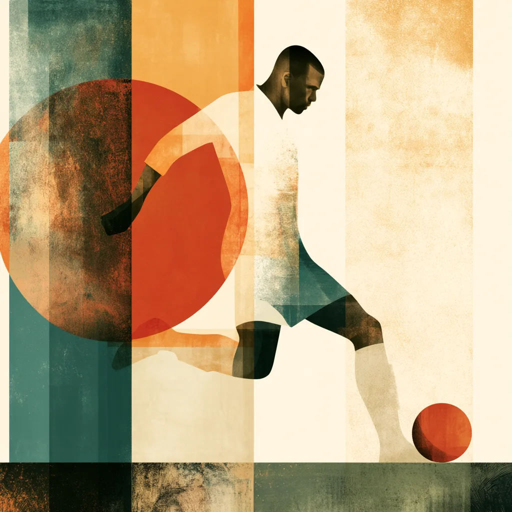 A footballer in profile mid-stride about to strike a ball, rendered in flat planes across vertical bands of teal, terracotta and sand, on a dark ground band