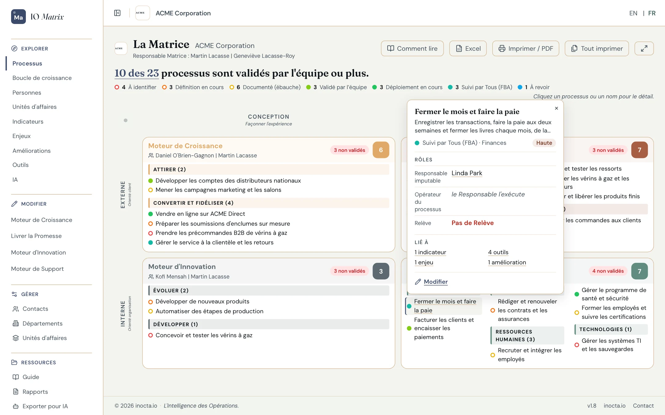 Un processus dans IO Matrix, avec la personne qui en répond, son stade de maturité et ses outils.