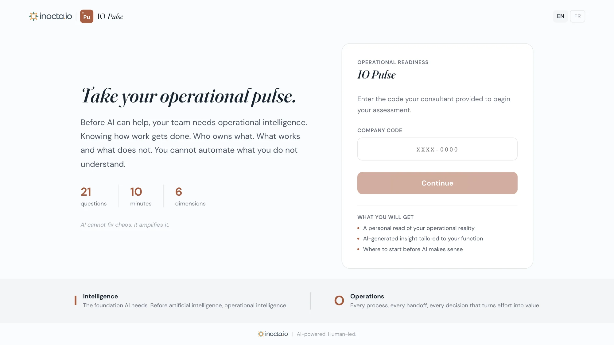 The IO Pulse start page. A team member enters the company code from their consultant to begin the survey: 21 questions, about ten minutes.